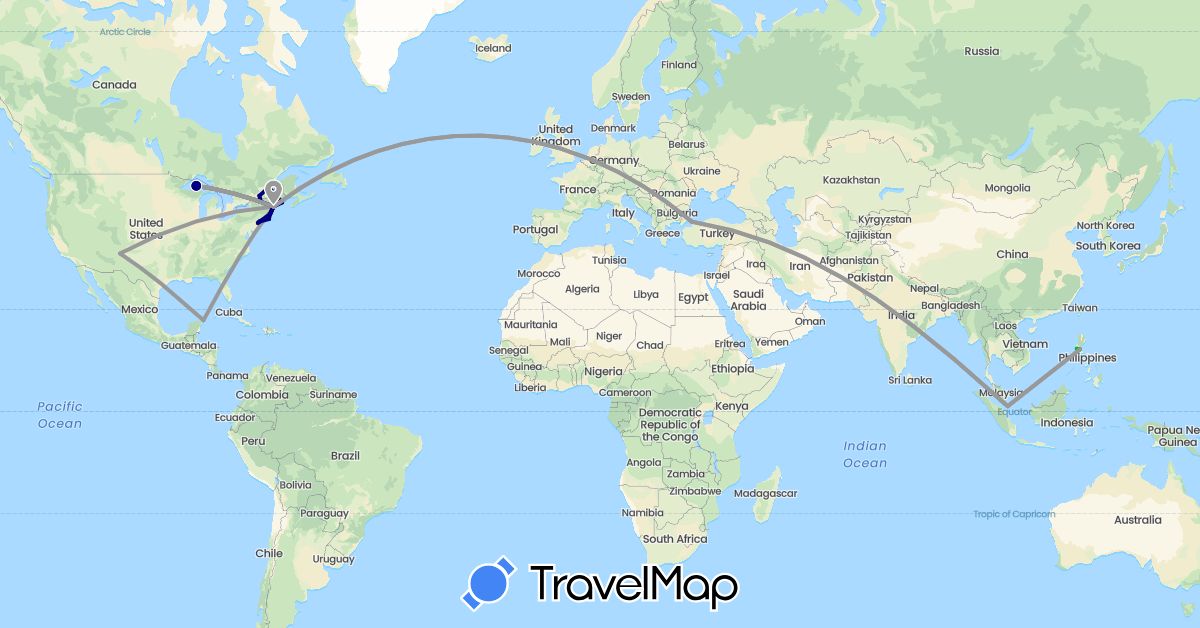TravelMap itinerary: driving, bus, plane in Canada, Mexico, Philippines, Singapore, Turkey, United States (Asia, North America)