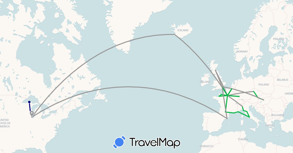 TravelMap itinerary: driving, bus, plane in Austria, Belgium, Czech Republic, Spain, France, United Kingdom, Hungary, Iceland, Italy, United States (Europe, North America)